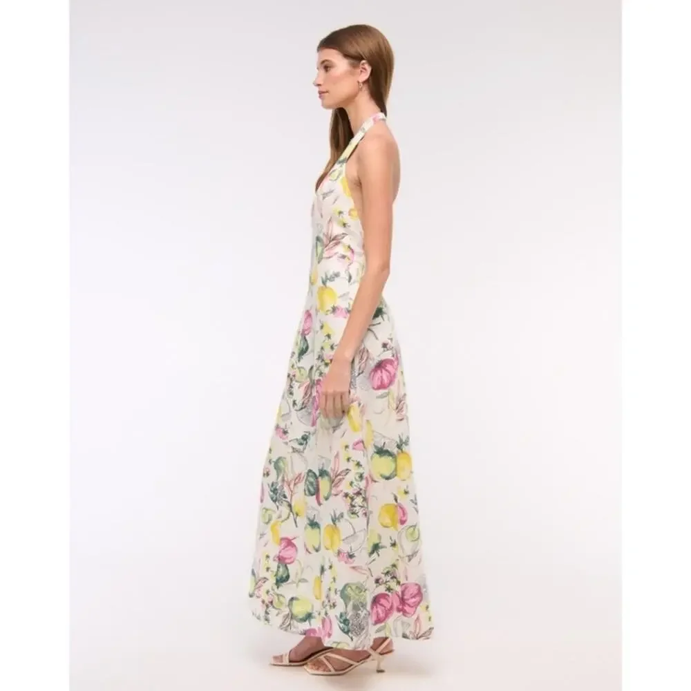 Abercrombie & Fitch Premium Linen High Neck Maxi Dress Size LP Vegetable Print